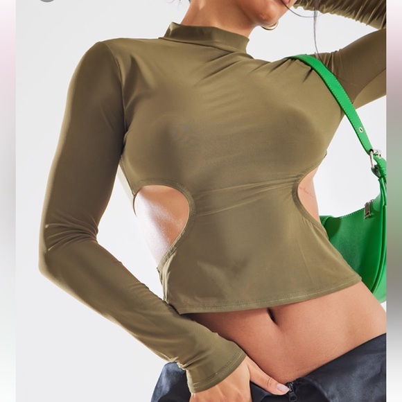 Khaki long sleeve cutout top - Picture 4 of 5
